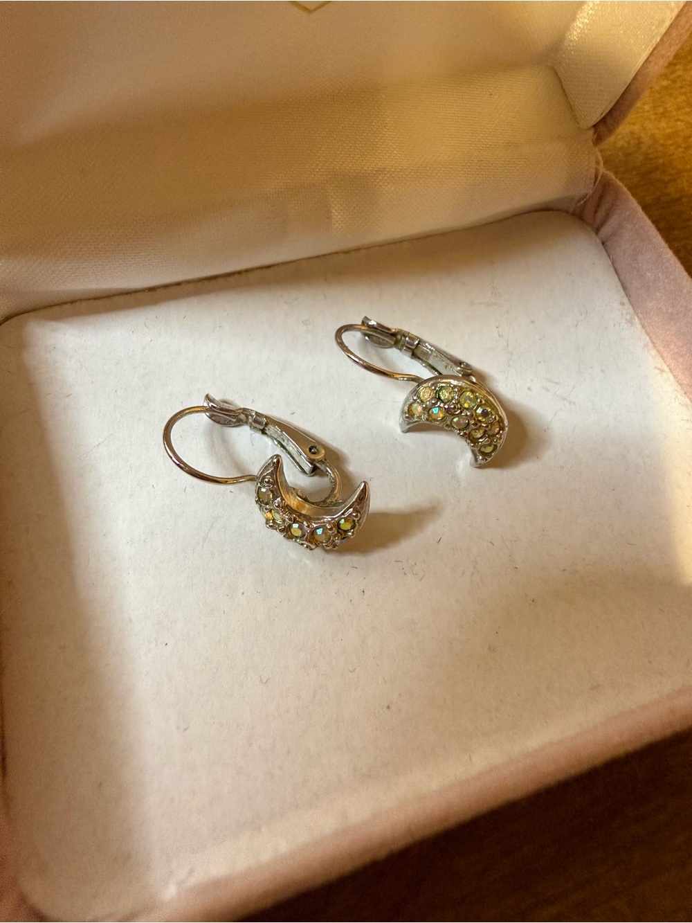 Vintage Kirks Folly Iridescent Crescent Moon Leverback Earrings Silver